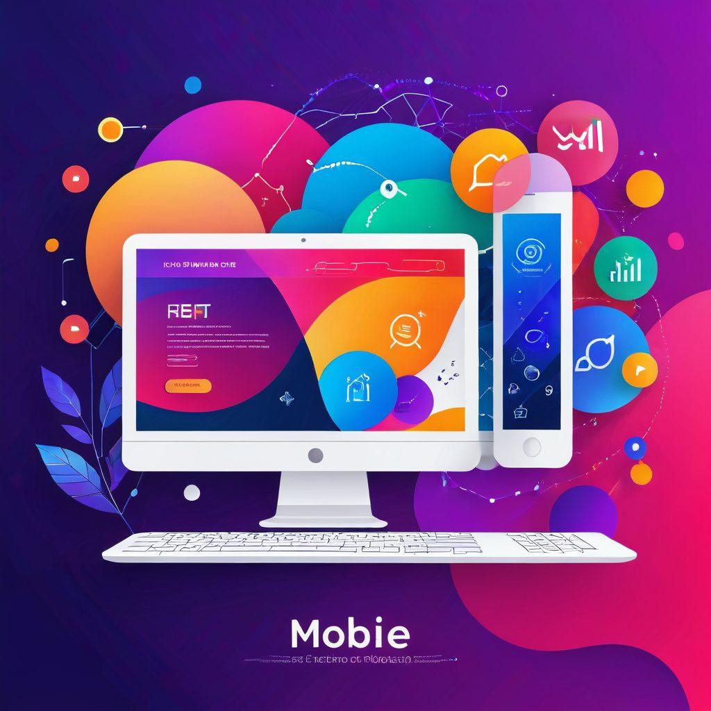 A sleek and modern website interface showcasing seamless user interaction, with icons representing mobile and desktop compatibility. The background features abstract geometric patterns symbolizing efficiency and performance. vibrant colors. vector art.